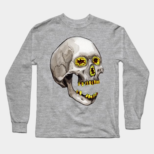 Citrine Geode Crystal Skull Long Sleeve T-Shirt by Heather Dorsch Creations